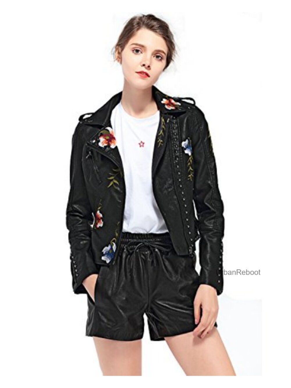 Women's Faux Leather Moto Jacket with Floral Embroidered Design